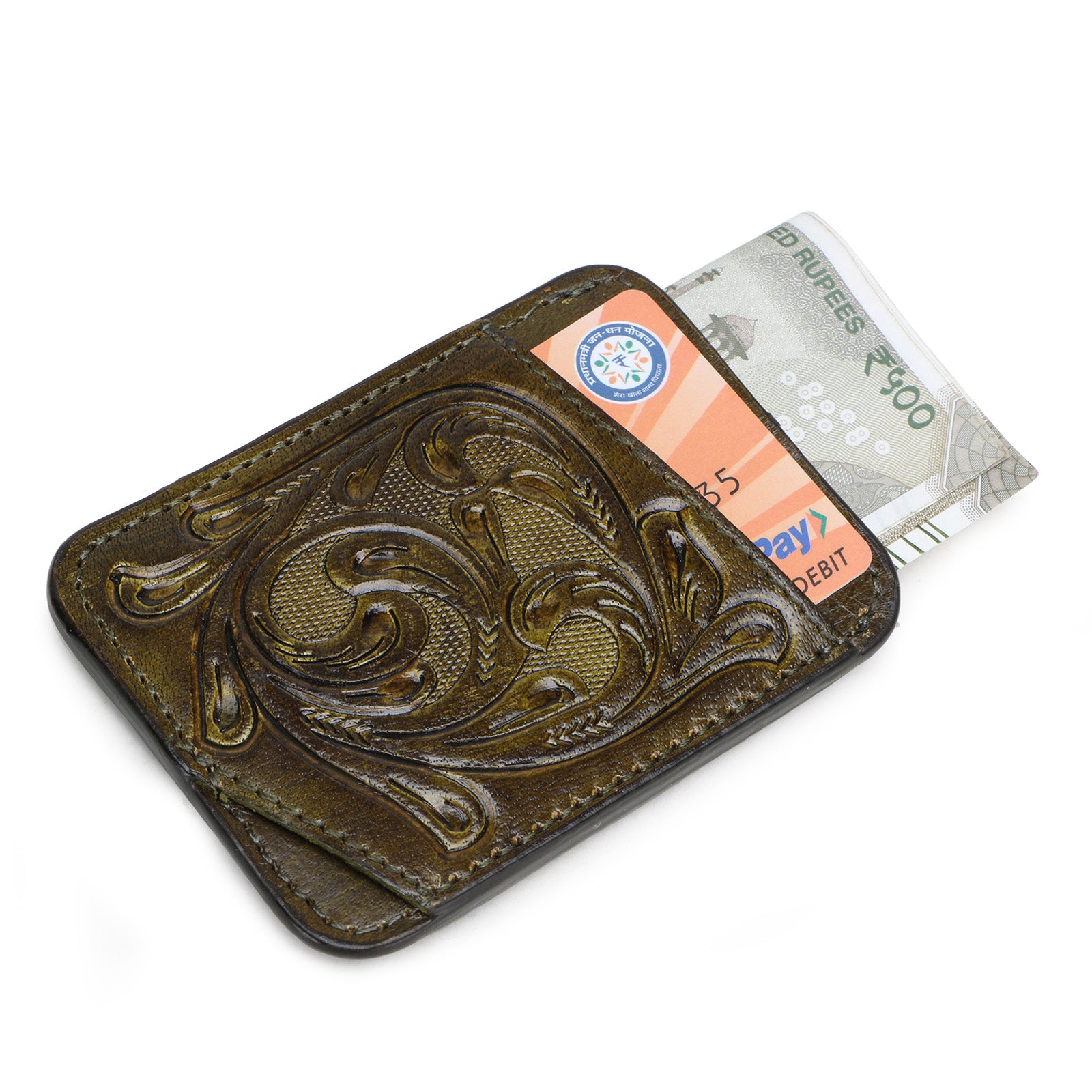 The ATHENS Hand-Tooled Leather Cash Card Holder in Blue