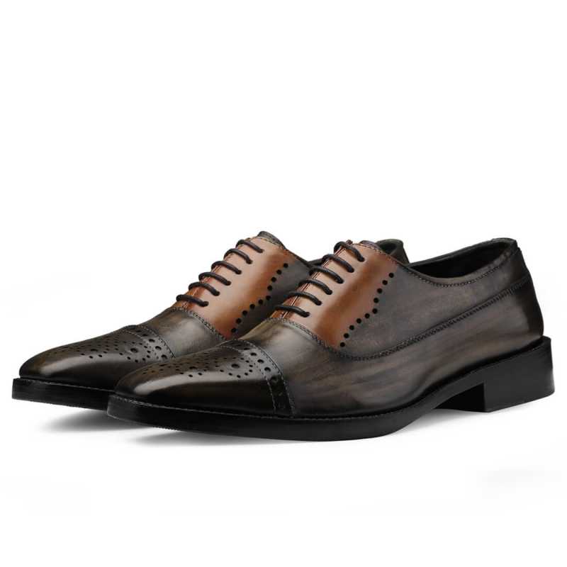 Marvin Designer Medallion Captoe Oxford Shoes in Grey Tan | Escaro Royale