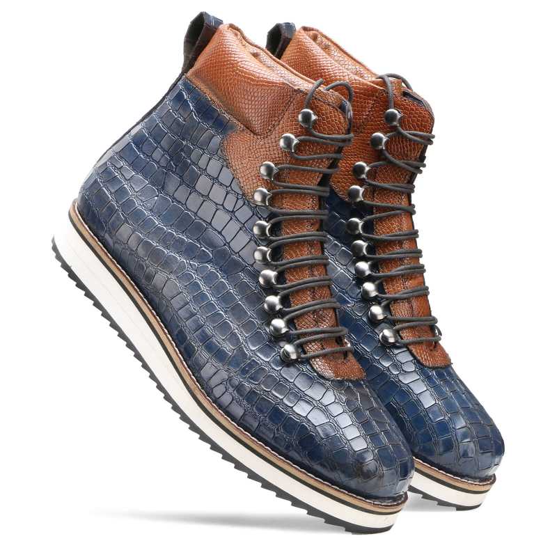 Noa Textured Hiker Style Laceup Boots - Blue - Escaro Royale