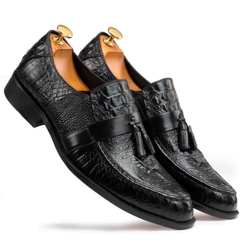 Black Croc-Textured Tassel Loafers - Escaro Royale