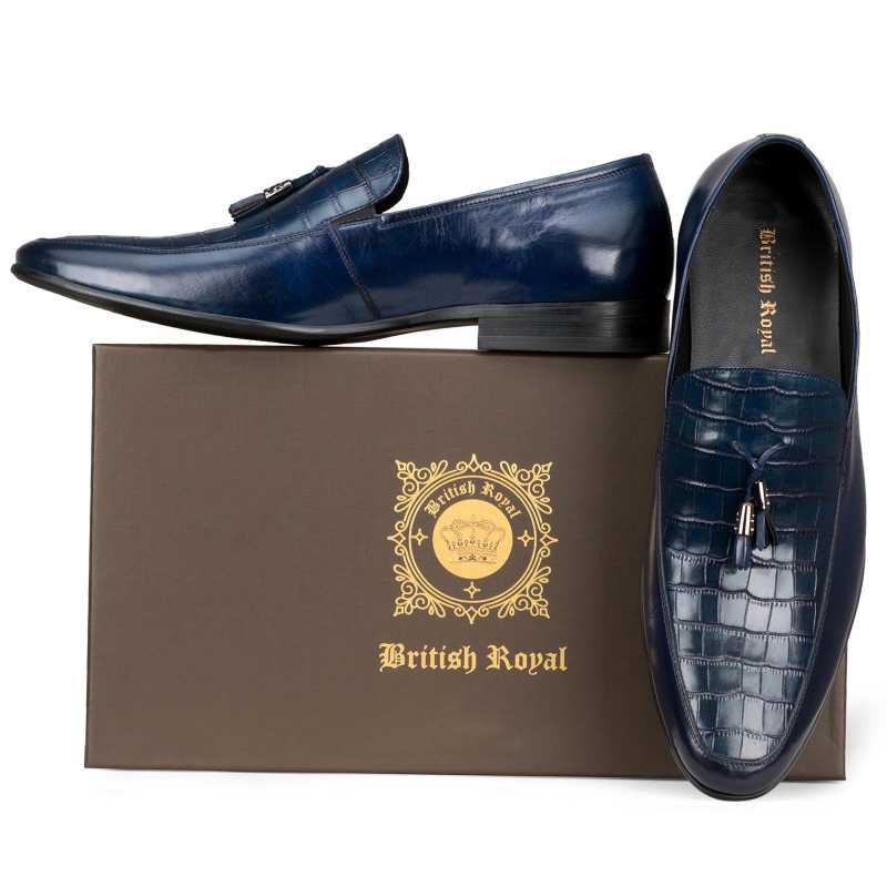 Blue Croc-Embossed Tassel Loafers - Escaro Royale