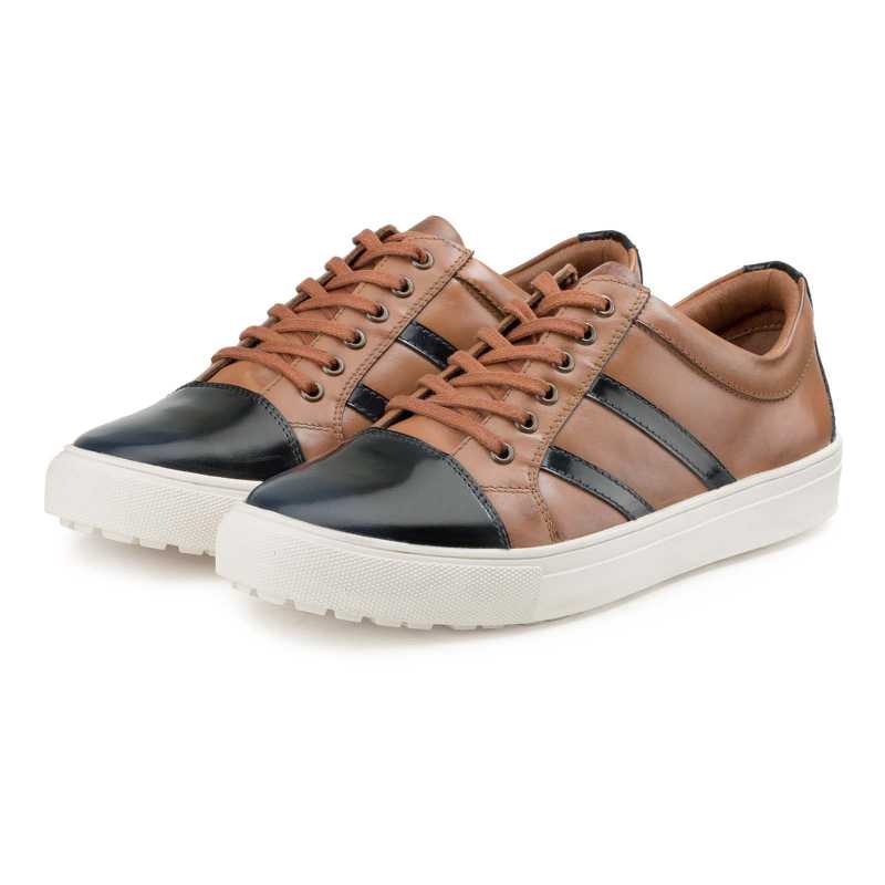 Tan-Black Leather Low-Top Sneakers With Striped Webbing - Escaro Royale