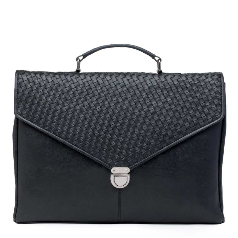 Black Full Grain Leather Weave Pattern Portfolio Bag - Escaro Royale