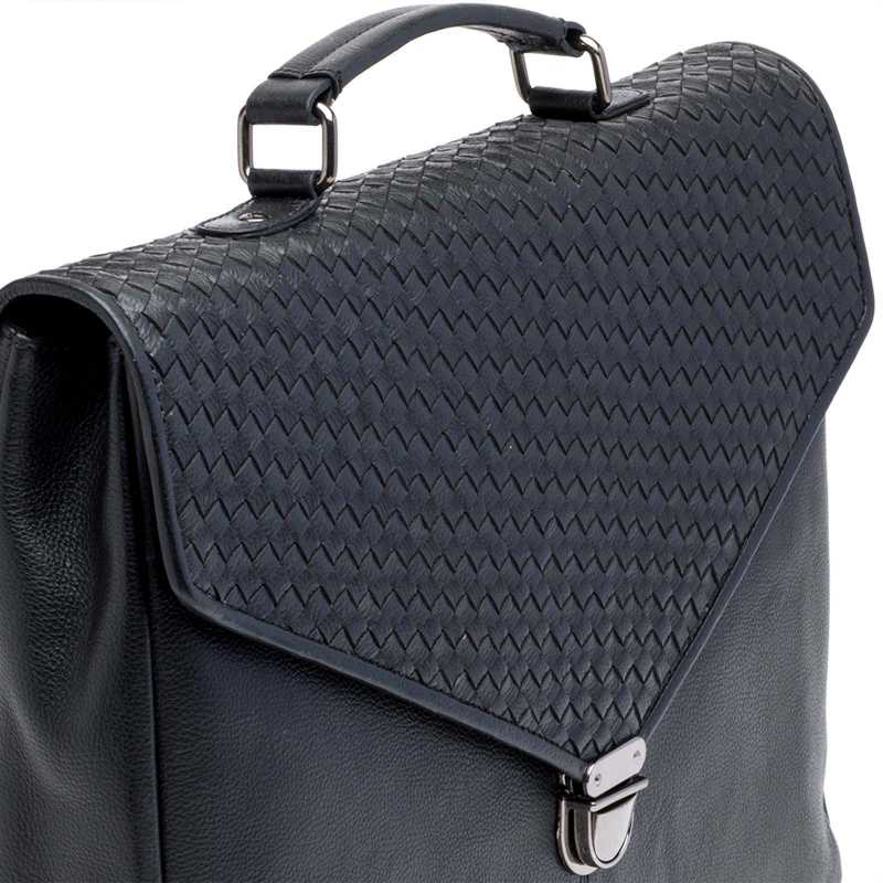 Black Full Grain Leather Weave Pattern Portfolio Bag - Escaro Royale