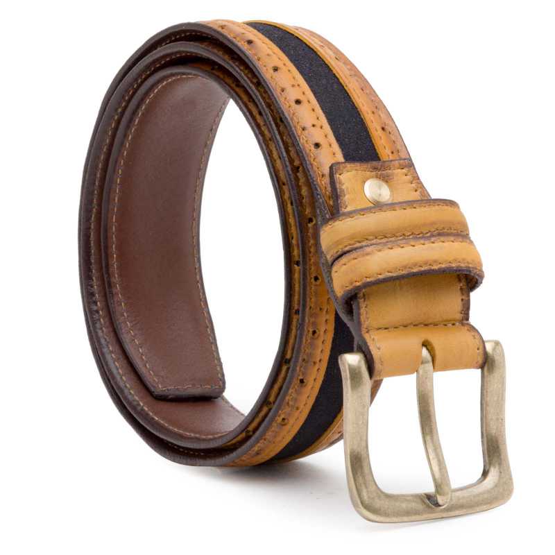 Tan-Blue Suede-Leather Brogue belt - Escaro Royale