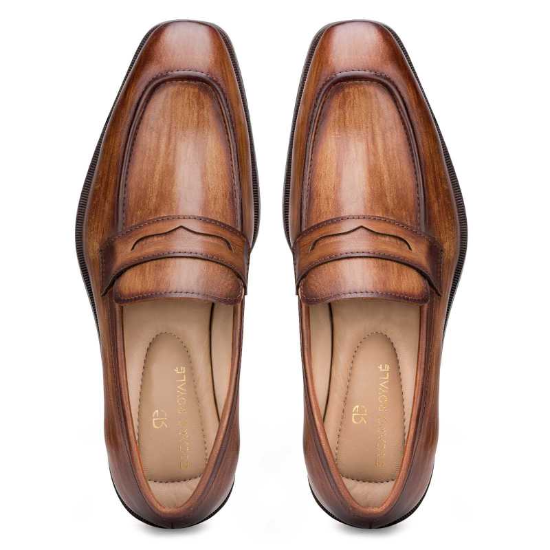 Wooden Finish Handpainted Tan Penny Loafer - Escaro Royale