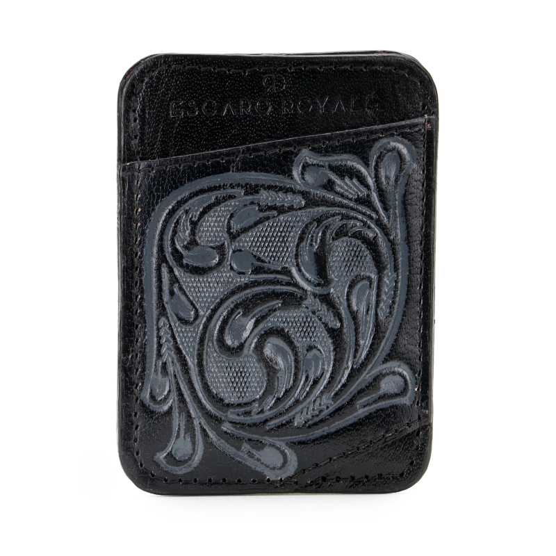 The ATHENS Hand-Tooled Leather Cash Card Holder in Black - Escaro Royale