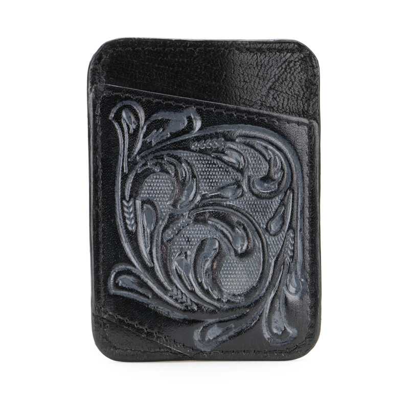 The ATHENS Hand-Tooled Leather Cash Card Holder in Black - Escaro Royale