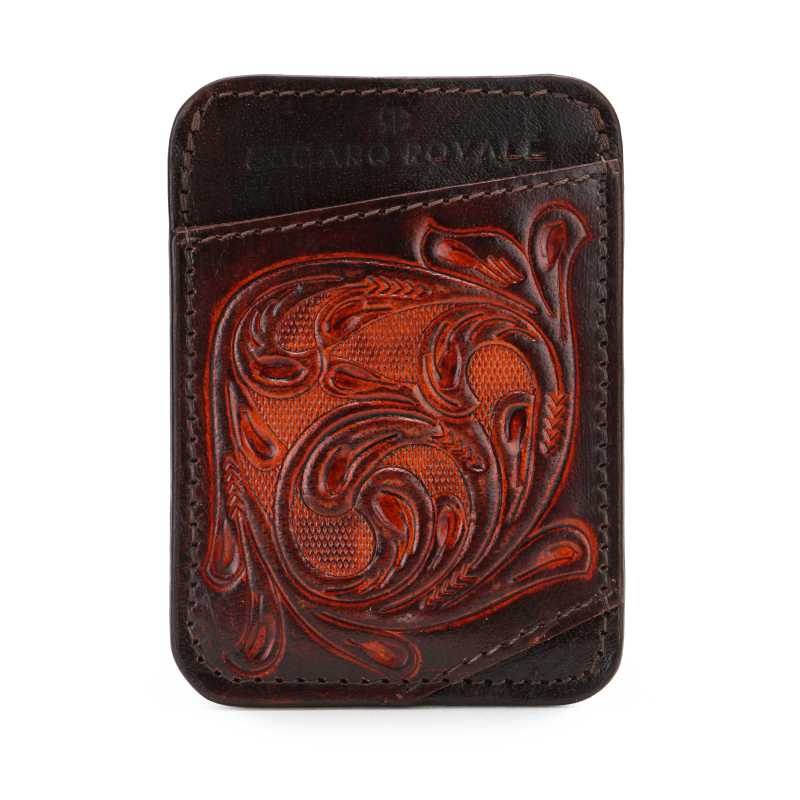 The ATHENS Hand-Tooled Leather Cash Card Holder IN Brown - Escaro Royale