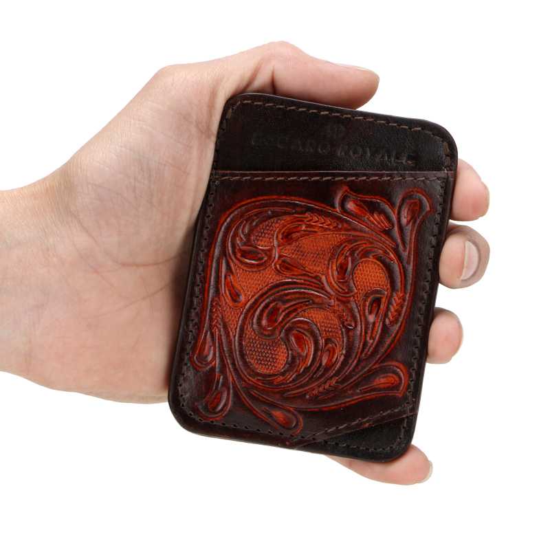 The ATHENS Hand-Tooled Leather Cash Card Holder IN Brown - Escaro Royale