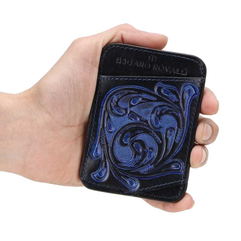 The ATHENS Hand-Tooled Leather Cash Card Holder in Blue - Escaro Royale
