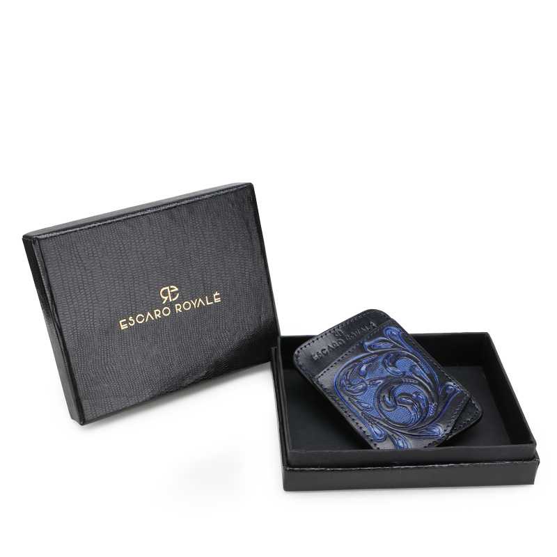 The ATHENS Hand-Tooled Leather Cash Card Holder in Blue - Escaro Royale