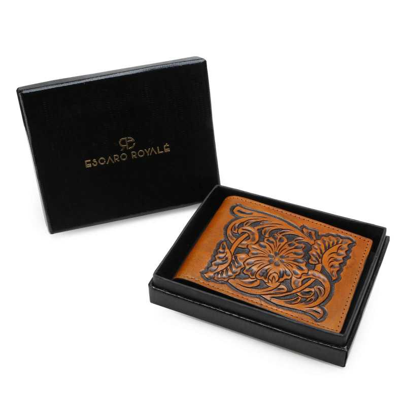 Tan Hand - Tooled Leather Mens Wallet - Escaro Royale