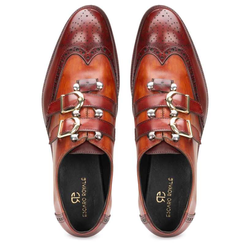 Tyler Wingtip Laceup Shoes with Dual Straps in Cognac - Escaro Royale