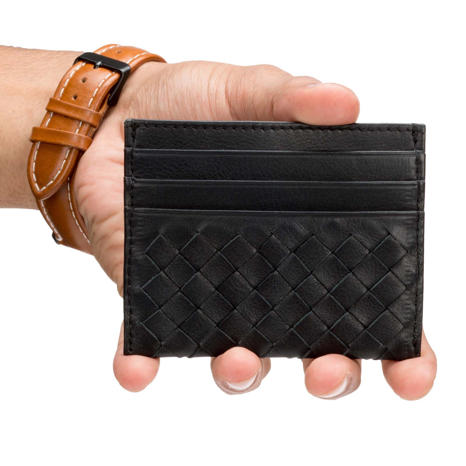 Black Leather Mens Basket Weave Design Luxury Card Holder