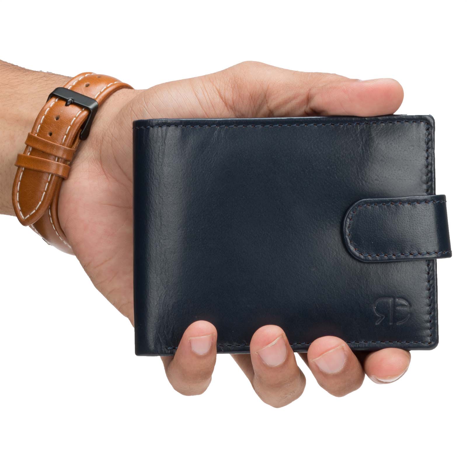 Blue Plain Leather Men’s Wallet with Flap Button Closure | Escaro