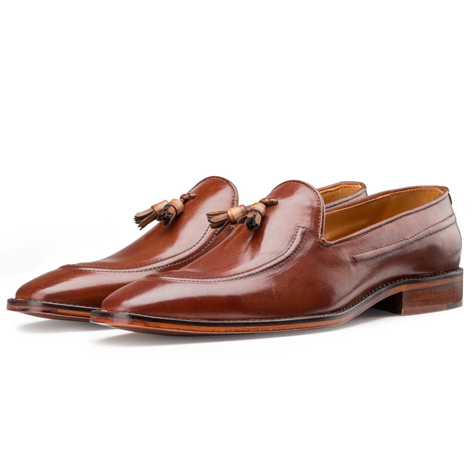 Escaro Royale' Brown Handcrafted Leather Tassel Loafers for Men in India.